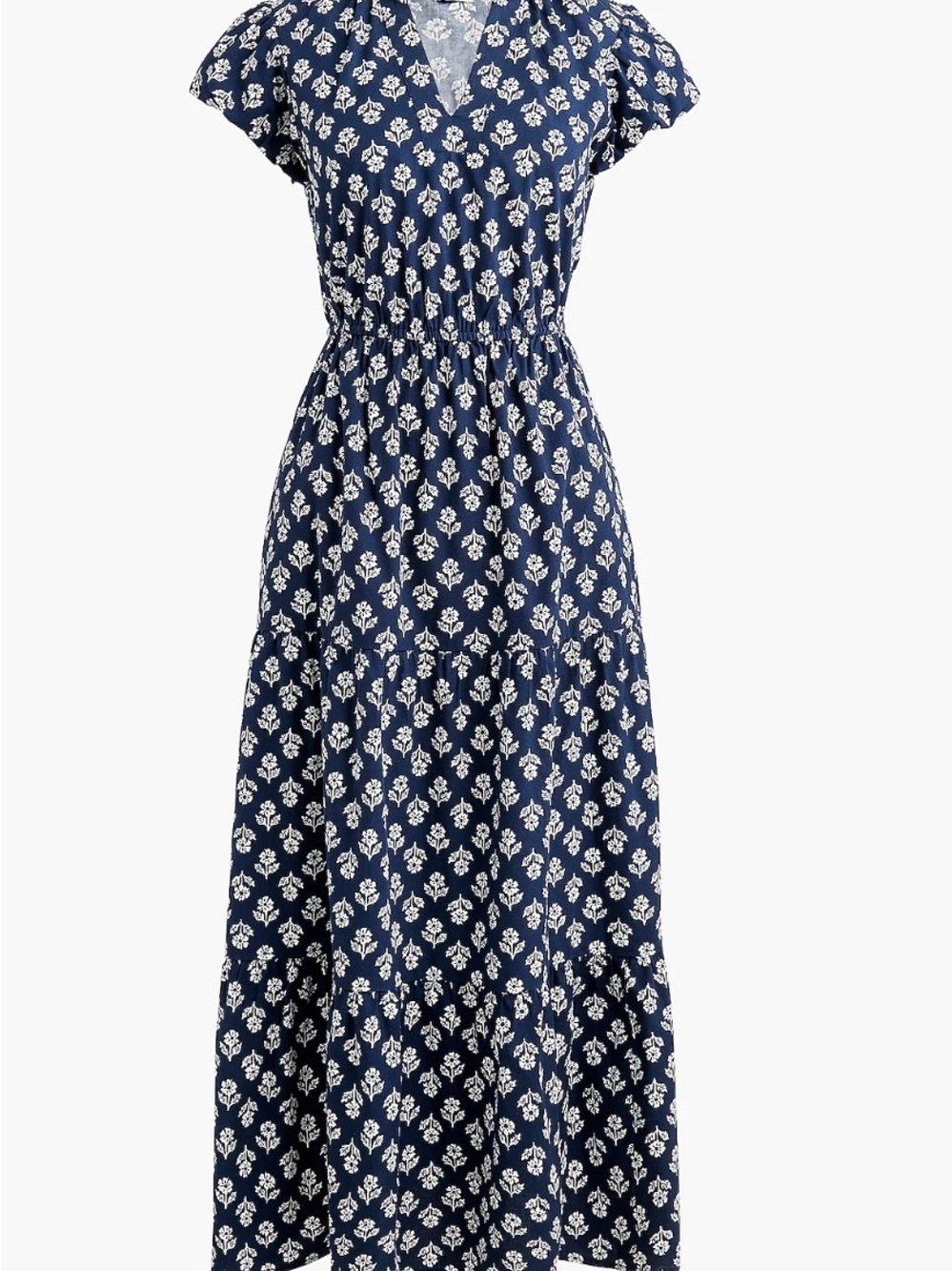J. Crew Navy Blue Printed Midi Dress with Puff Sleeves, V-Neck and pockets! - Picture 3 of 6